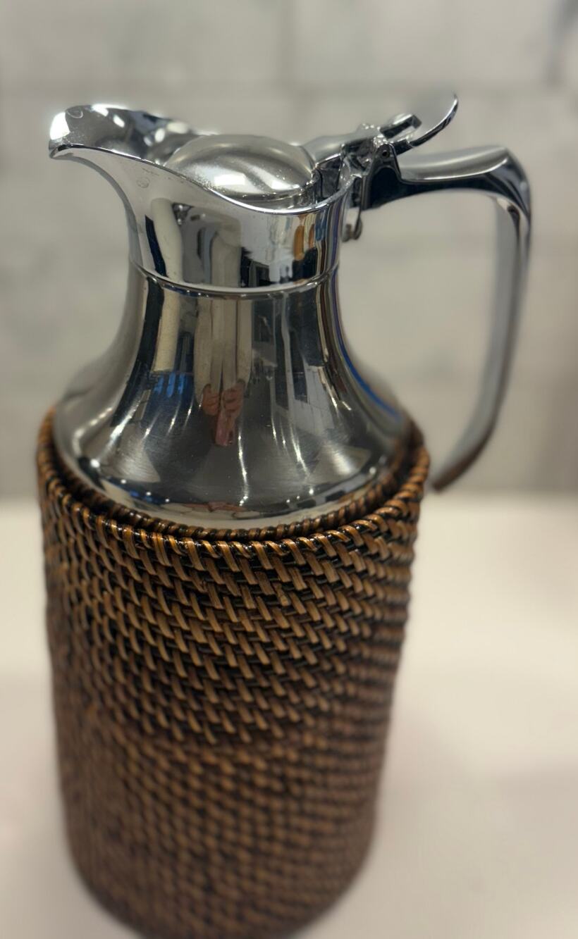 New Vintage MCM Broggi Thermal Carafe 18/8 Stainless Steel Rattan 1.5L Italy